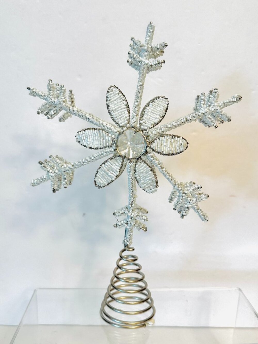 Snowflake Star Tree Topper White Beaded 11" Coil Base White Beads Christmas Deco